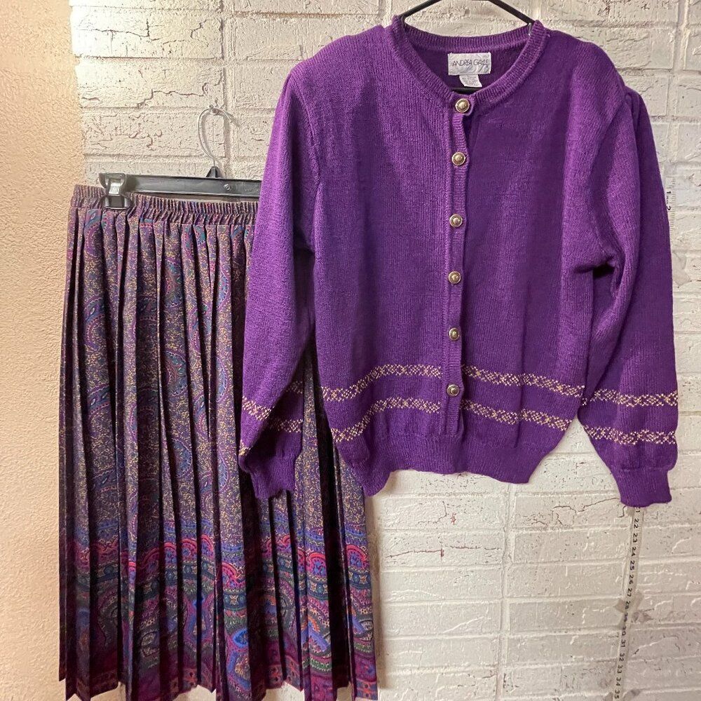 Vintage Andrea Gayle Purple Knit Cardigan & Paisley Matching Skirt Set
